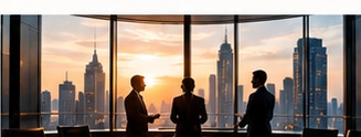 Executives in a modern city boardroom at sunset