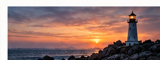 Lighthouse on a rocky coastline at sunset