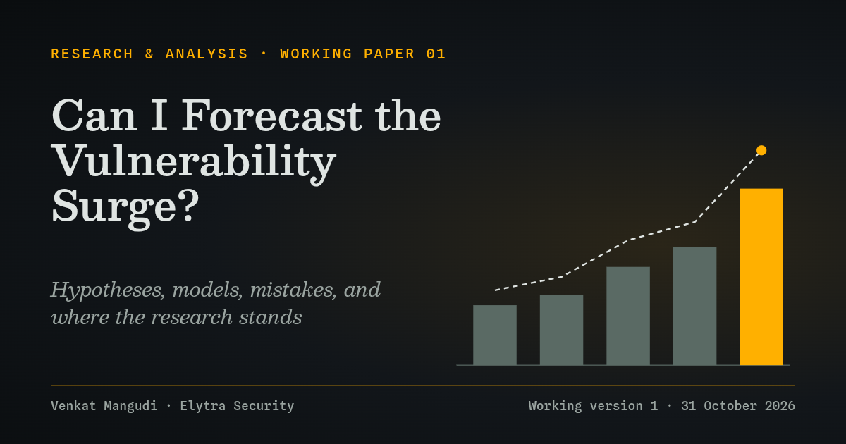 Can I Forecast the Vulnerability Surge? Research and Analysis, Working Paper 01, with a rising bar chart and dashed forecast line